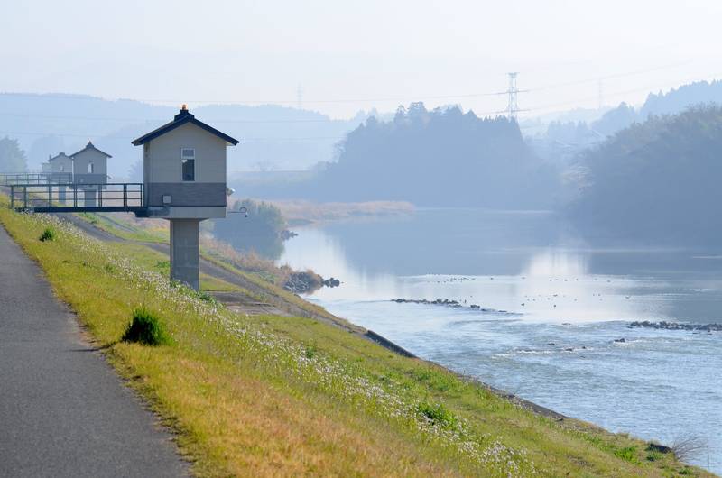 緑の土手のあいだを流れる、広い菊池川